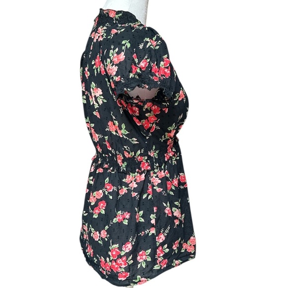 Y2K Babydoll Top Swiss Dot Faux Wrap Smocked Waist/Neckline/Cuffs Cottagecore - Picture 3 of 10